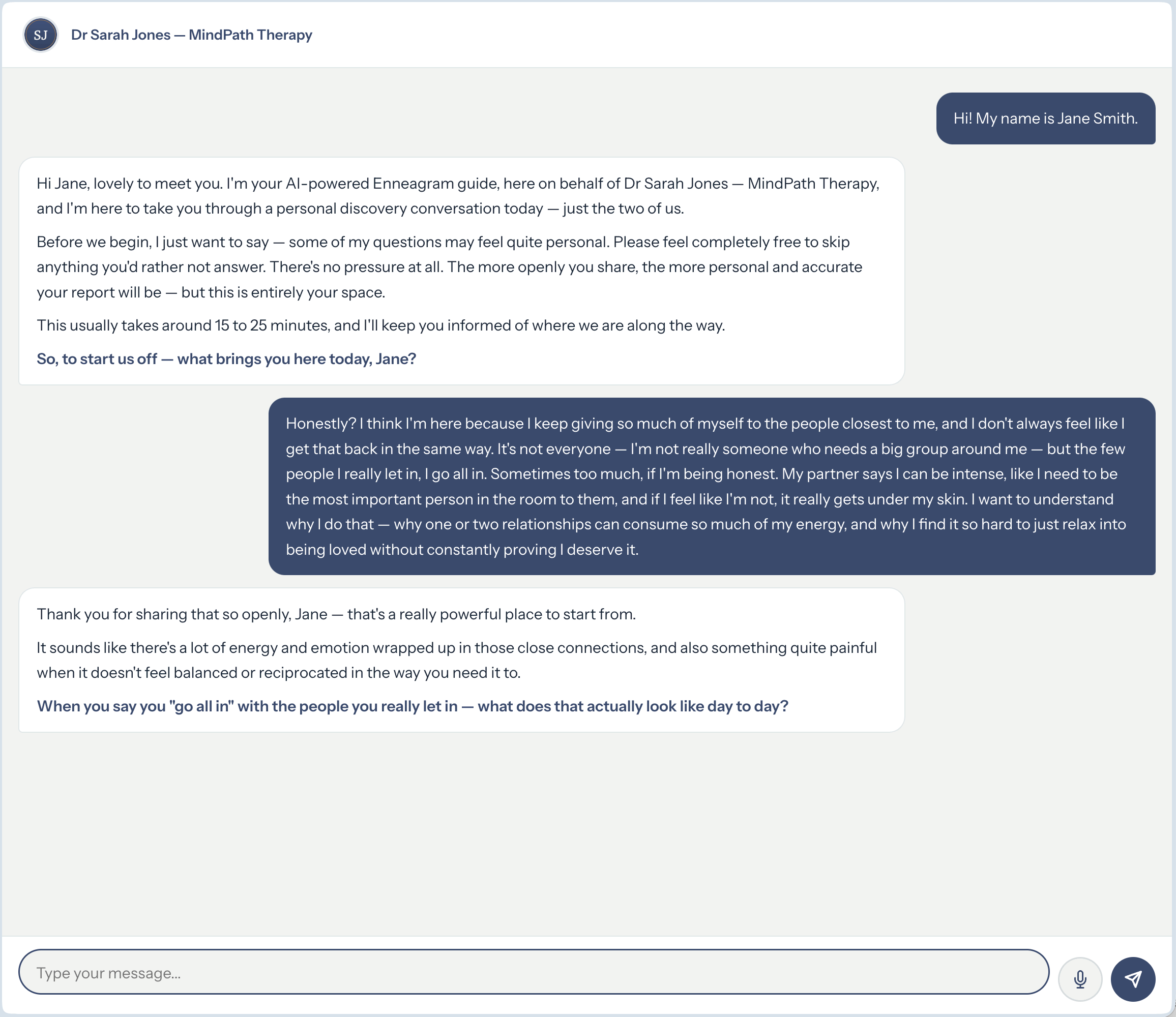 A branded conversation screen, mid-session.