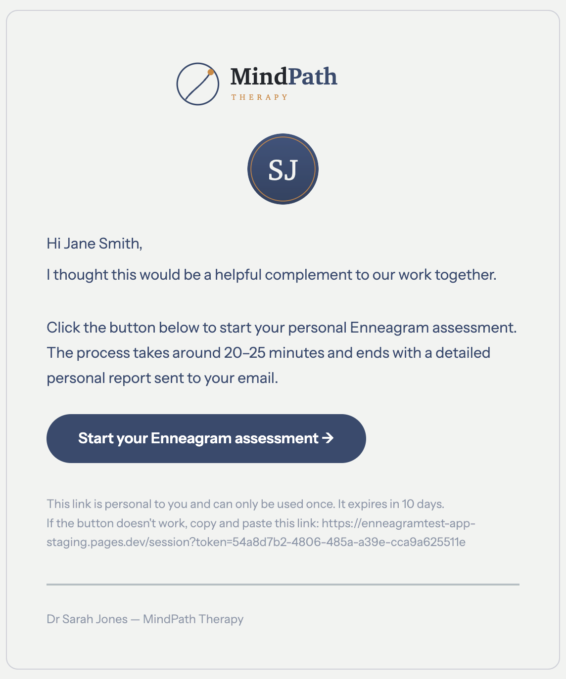 A branded invitation email from the practitioner's practice, carrying the session link.